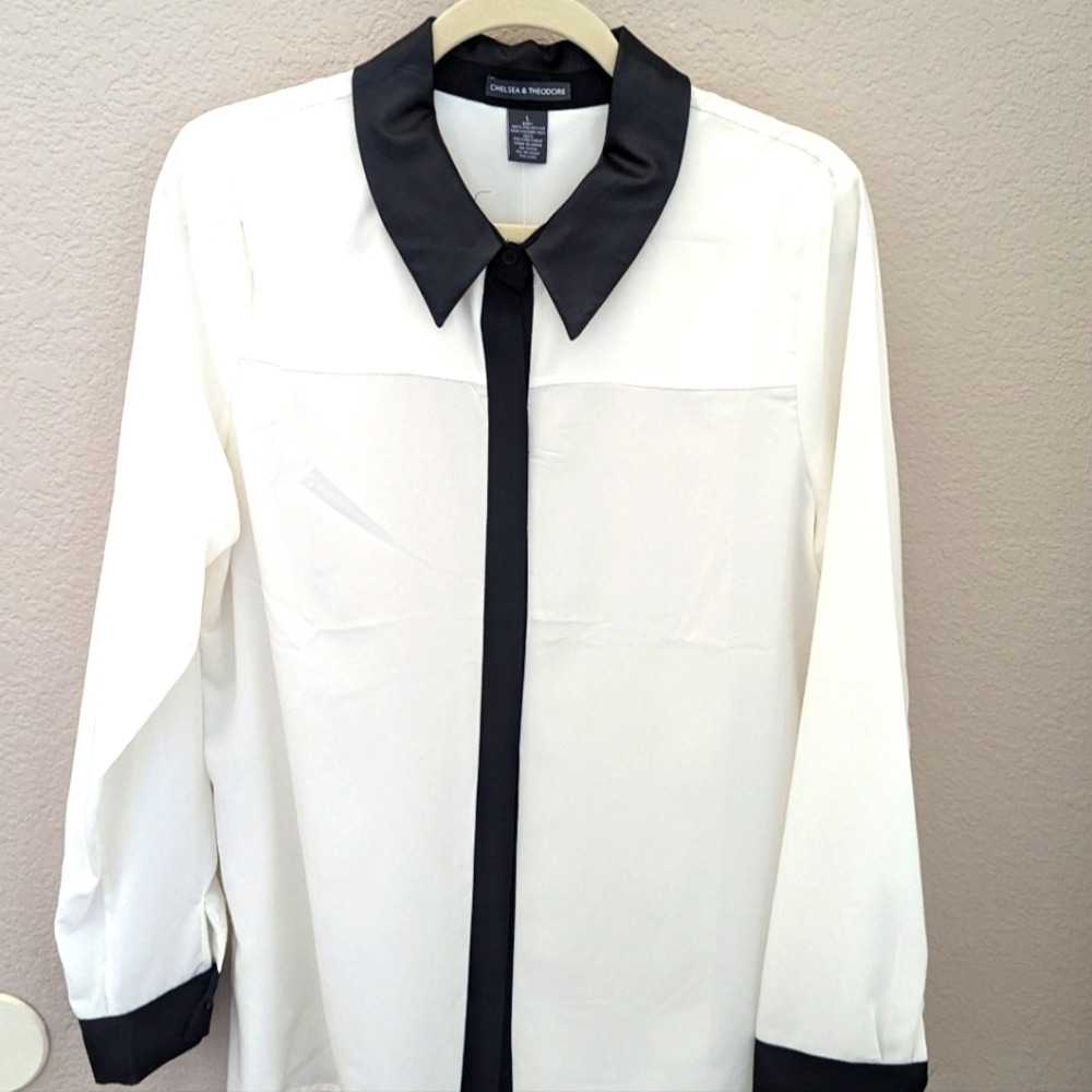 Chelsea & Theodore Leather Trimmed Blouse